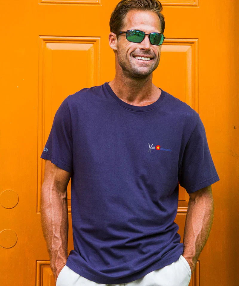 Colorado Flag Crossed Skis - Indigo Short Sleeve Pima T-Shirt - Image 3