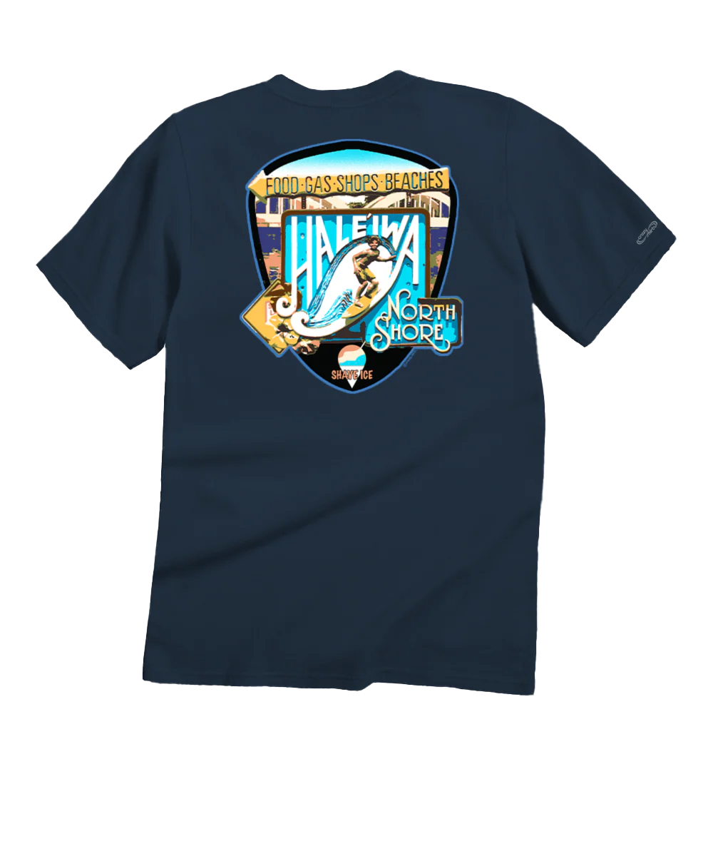Haleiwa North Shore Signage - Navy Short Sleeve Crewneck T-Shirt