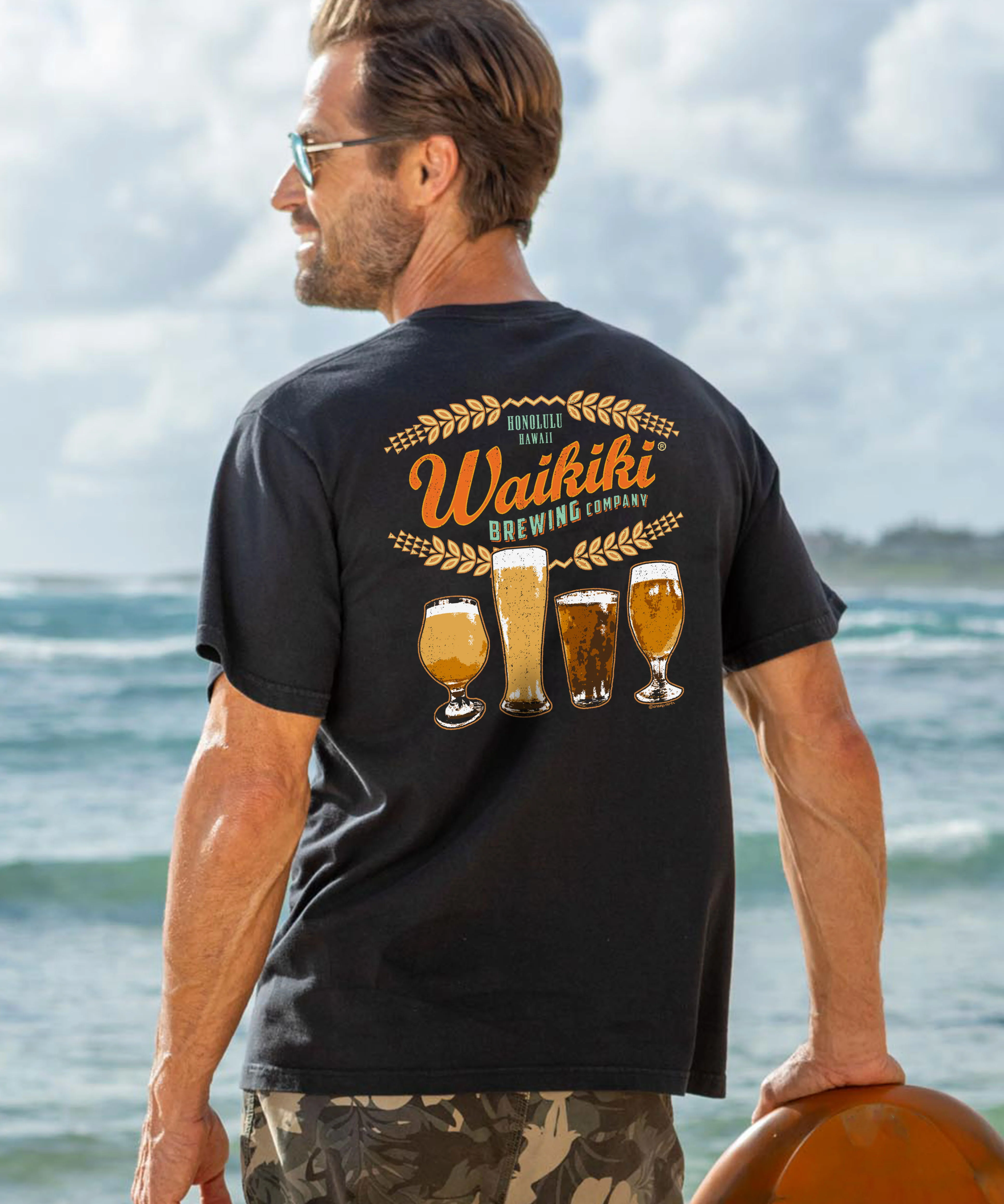 Waikiki Brewing Co Beer Row - Black Short Sleeve Crewneck T-Shirt - Image 2