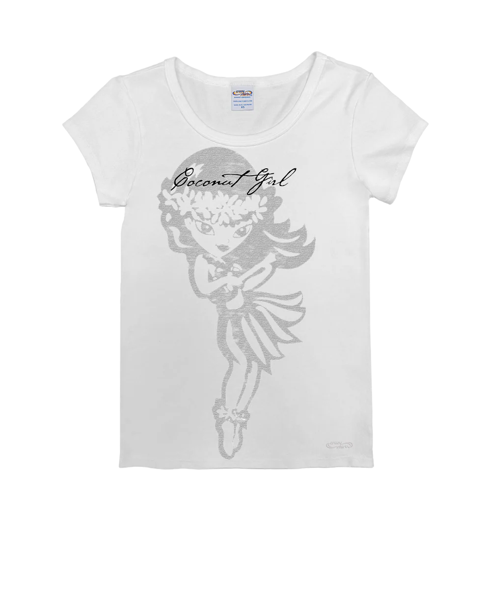 Big Coconut Girl - White Short Sleeve Rib Knit T-Shirt