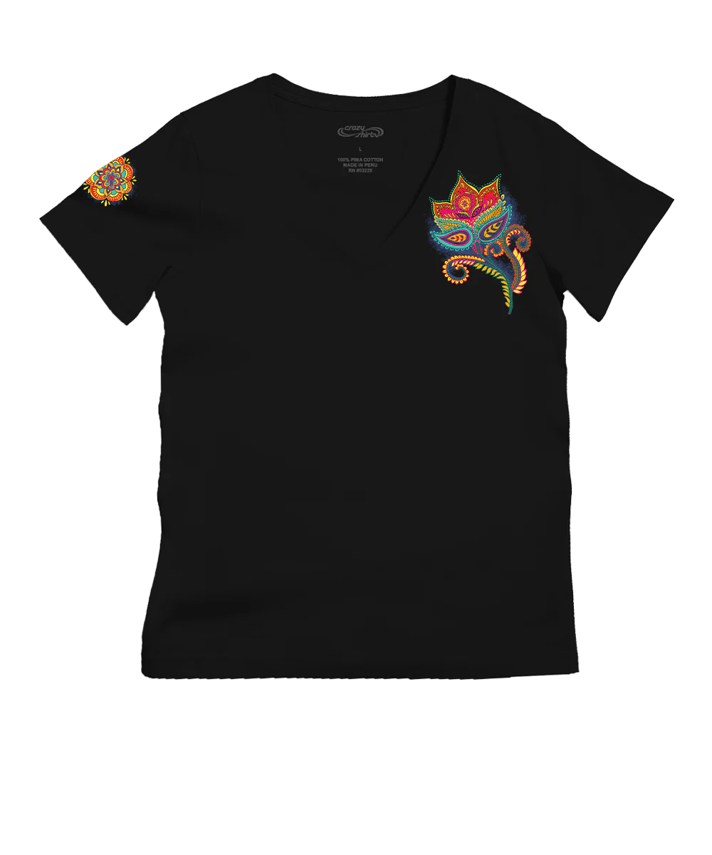 Paisley Floral - Jet Black Short Sleeve Pima V-Neck T-Shirt
