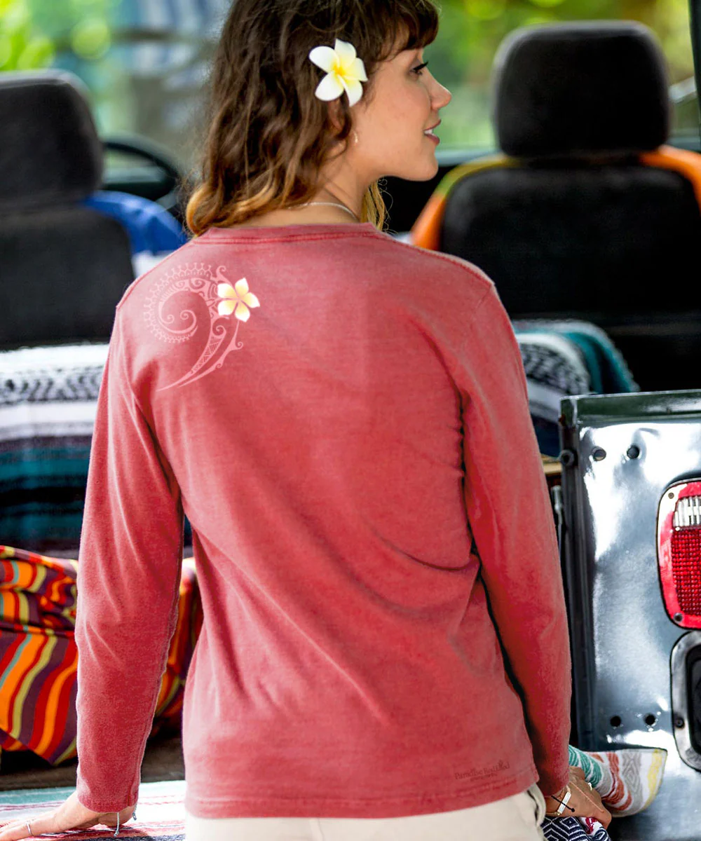 Plumeria Tatau - Paradise Red Dyed Long Sleeve Crewneck T-Shirt - Image 3