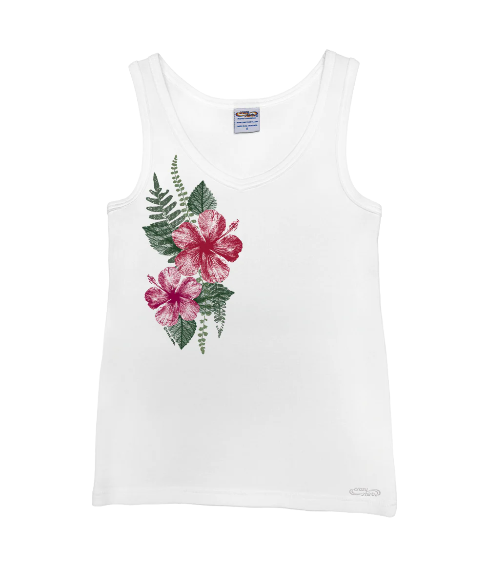 Pressed Hibiscus - White Sleeveless Island Breeze Tank